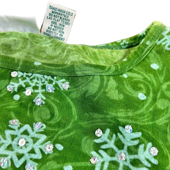 Collections Etc. Holiday Shirt Women Size XL Green Snowman Sequin Snowflake Top - Picture 10 of 12
